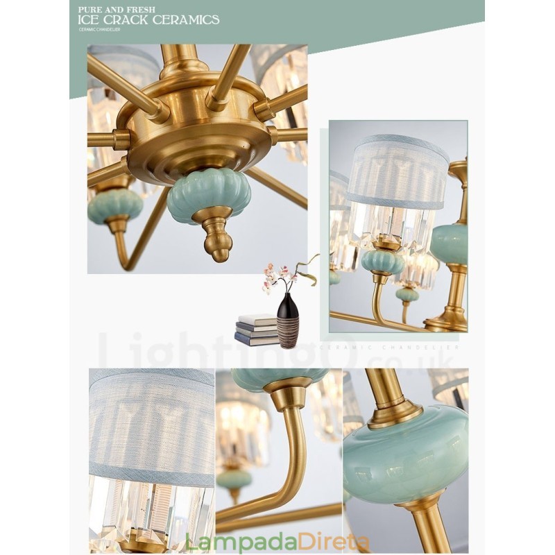 Pure Brass Luxuoso Rústico Retro Vintage Latão Cerâmica Pingente Vela Lustre com Tecido e Cristal Tons