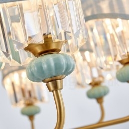 Pure Brass Luxuoso Rústico Retro Vintage Latão Cerâmica Pingente Vela Lustre com Tecido e Cristal Tons