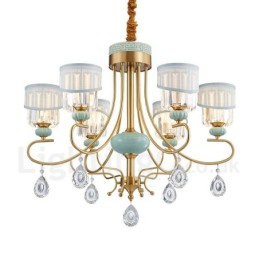 Pure Brass Luxuoso Rústico Retro Vintage Latão Cerâmica Pingente Vela Lustre com Tecido e Cristal Tons