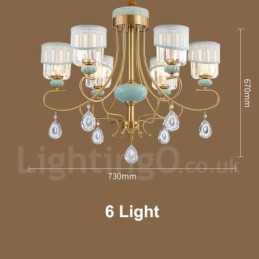 Pure Brass Luxuoso Rústico Retro Vintage Latão Cerâmica Pingente Vela Lustre com Tecido e Cristal Tons