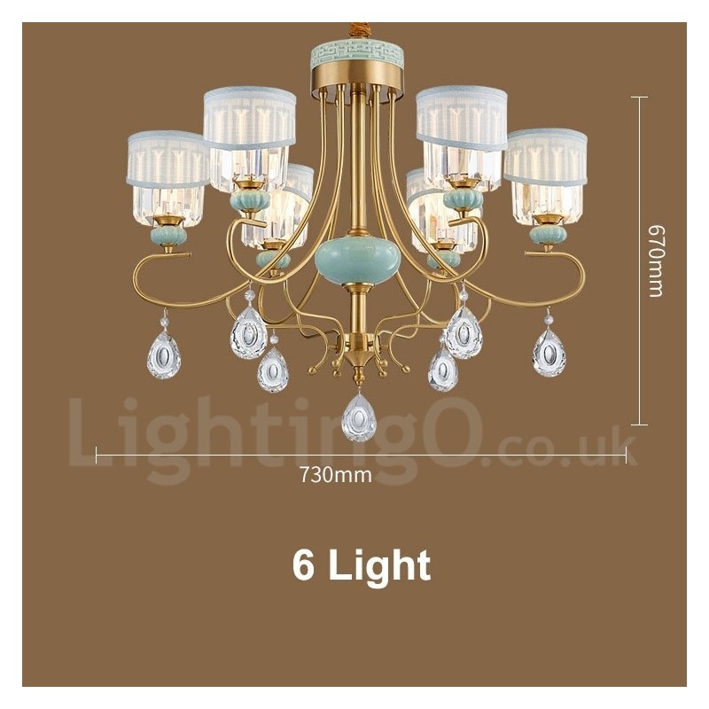 Pure Brass Luxuoso Rústico Retro Vintage Latão Cerâmica Pingente Vela Lustre com Tecido e Cristal Tons