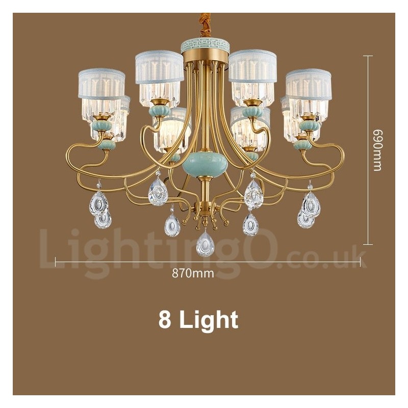 Pure Brass Luxuoso Rústico Retro Vintage Latão Cerâmica Pingente Vela Lustre com Tecido e Cristal Tons