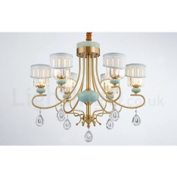 Pure Brass Luxuoso Rústico Retro Vintage Latão Cerâmica Pingente Vela Lustre com Tecido e Cristal Tons