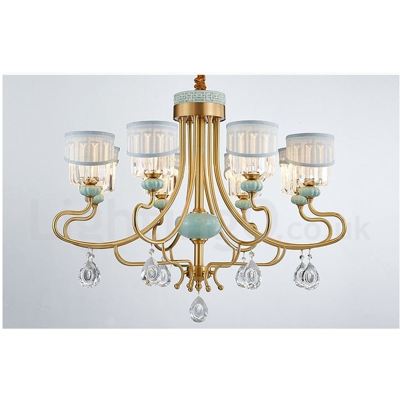 Pure Brass Luxuoso Rústico Retro Vintage Latão Cerâmica Pingente Vela Lustre com Tecido e Cristal Tons