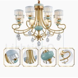 Pure Brass Luxuoso Rústico Retro Vintage Latão Cerâmica Pingente Vela Lustre com Tecido e Cristal Tons