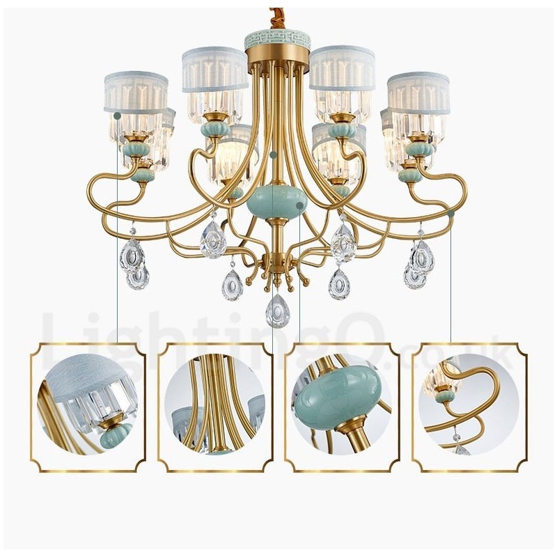 Pure Brass Luxuoso Rústico Retro Vintage Latão Cerâmica Pingente Vela Lustre com Tecido e Cristal Tons