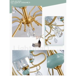 Pure Brass Luxuoso Rústico Retro Vintage Latão Cerâmica Pingente Vela Lustre com Tecido e Cristal Tons