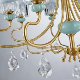 Pure Brass Luxuoso Rústico Retro Vintage Latão Cerâmica Pingente Vela Lustre com Tecido e Cristal Tons