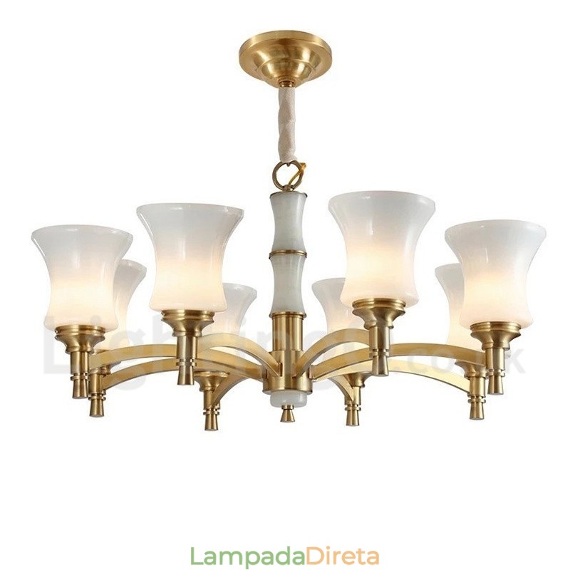 Pure Brass Luxuoso Rústico Retro Vintage Latão Pedra Pingente Vela Lustre com Tons de Vidro