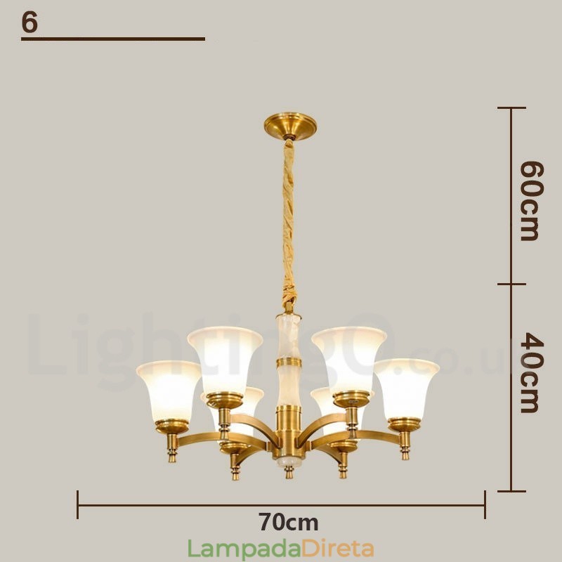 Pure Brass Luxuoso Rústico Retro Vintage Latão Pedra Pingente Vela Lustre com Tons de Vidro