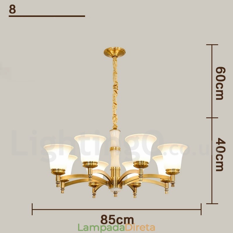 Pure Brass Luxuoso Rústico Retro Vintage Latão Pedra Pingente Vela Lustre com Tons de Vidro