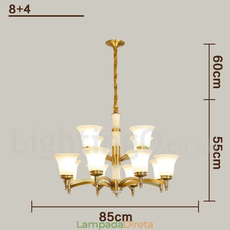 Pure Brass Luxuoso Rústico Retro Vintage Latão Pedra Pingente Vela Lustre com Tons de Vidro
