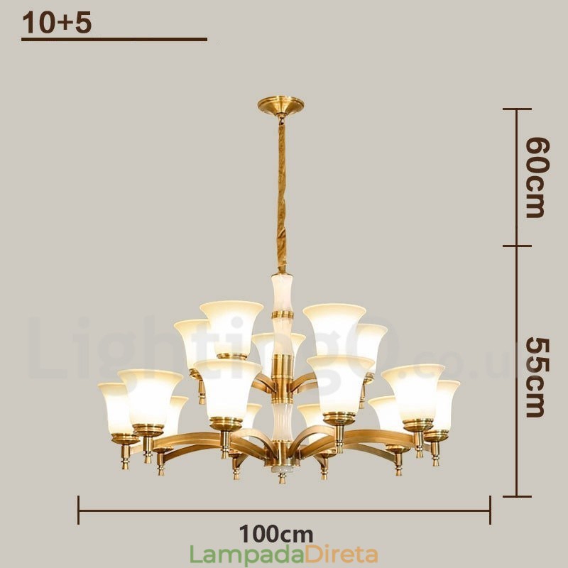 Pure Brass Luxuoso Rústico Retro Vintage Latão Pedra Pingente Vela Lustre com Tons de Vidro