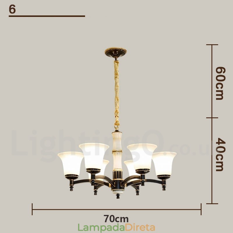 Pure Brass Luxuoso Rústico Retro Vintage Latão Pedra Pingente Vela Lustre com Tons de Vidro
