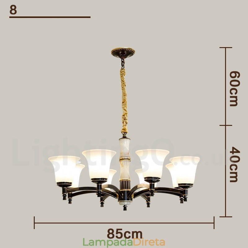 Pure Brass Luxuoso Rústico Retro Vintage Latão Pedra Pingente Vela Lustre com Tons de Vidro