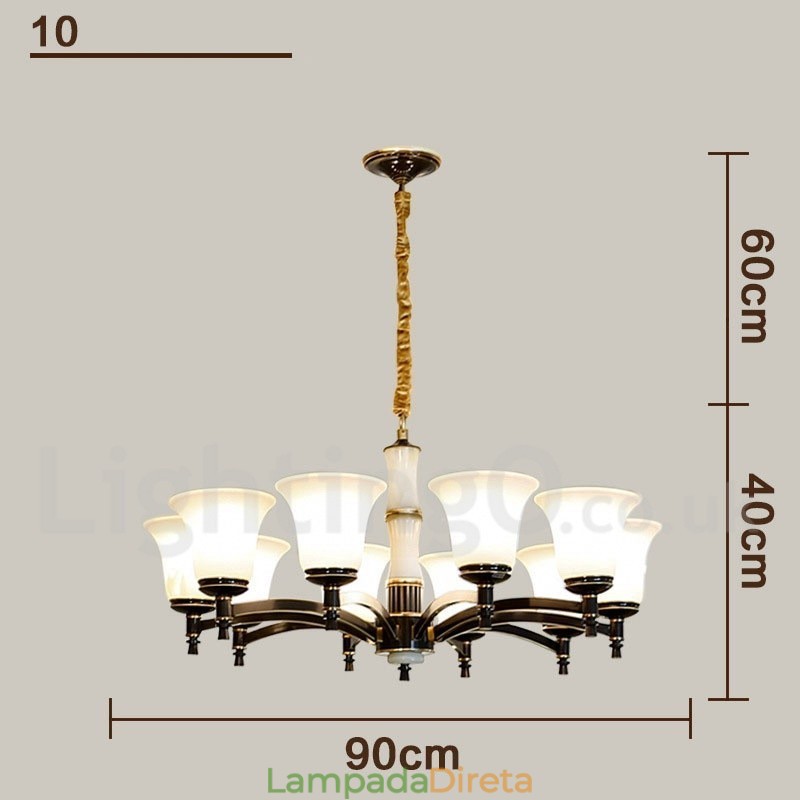 Pure Brass Luxuoso Rústico Retro Vintage Latão Pedra Pingente Vela Lustre com Tons de Vidro