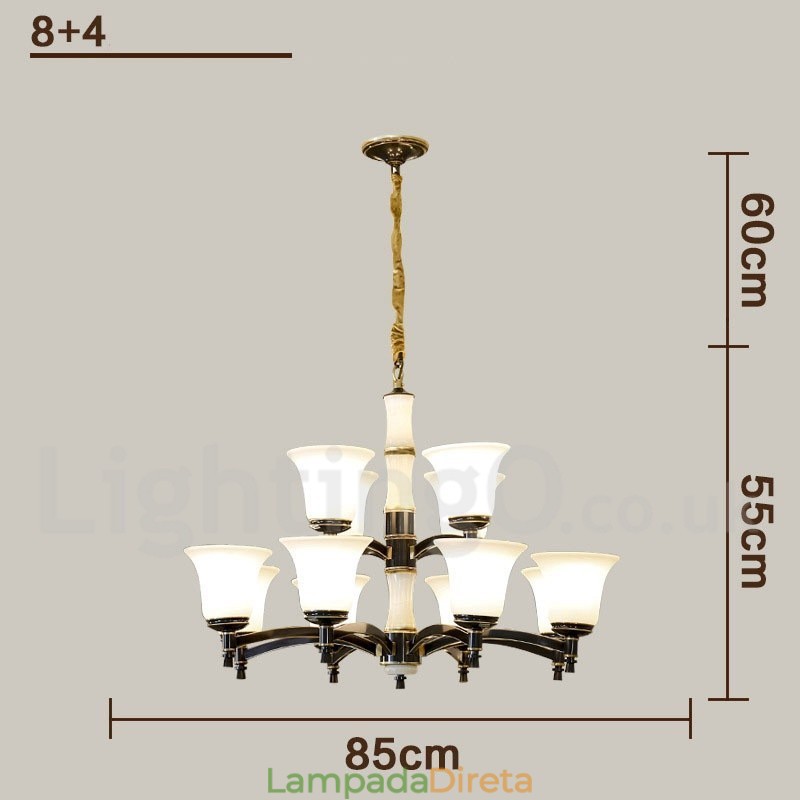 Pure Brass Luxuoso Rústico Retro Vintage Latão Pedra Pingente Vela Lustre com Tons de Vidro
