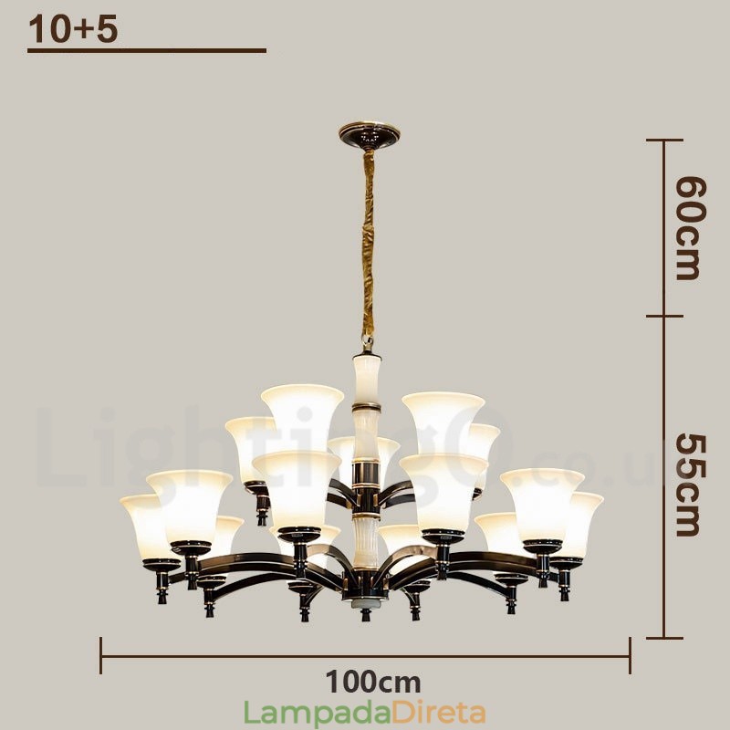 Pure Brass Luxuoso Rústico Retro Vintage Latão Pedra Pingente Vela Lustre com Tons de Vidro