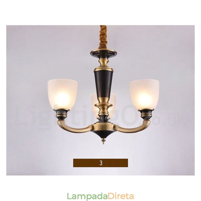 Pure Brass Luxuoso Rústico Retro Vintage Latão Pingente Vela Lustre com Tons de Vidro