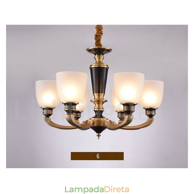 Pure Brass Luxuoso Rústico Retro Vintage Latão Pingente Vela Lustre com Tons de Vidro