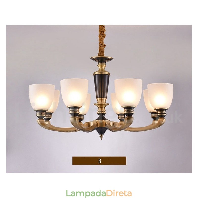Pure Brass Luxuoso Rústico Retro Vintage Latão Pingente Vela Lustre com Tons de Vidro