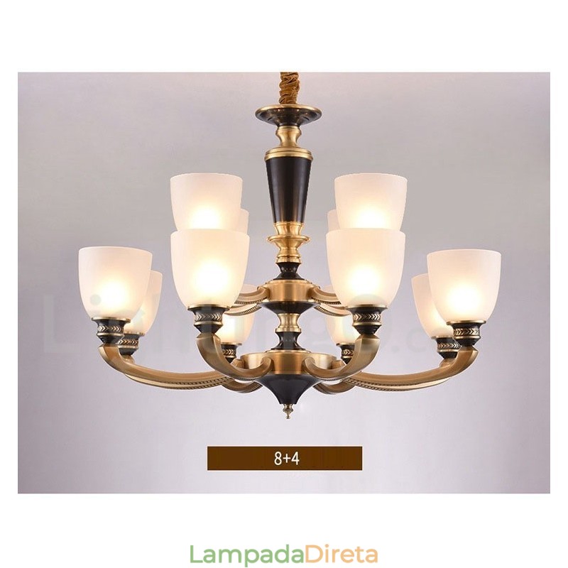 Pure Brass Luxuoso Rústico Retro Vintage Latão Pingente Vela Lustre com Tons de Vidro