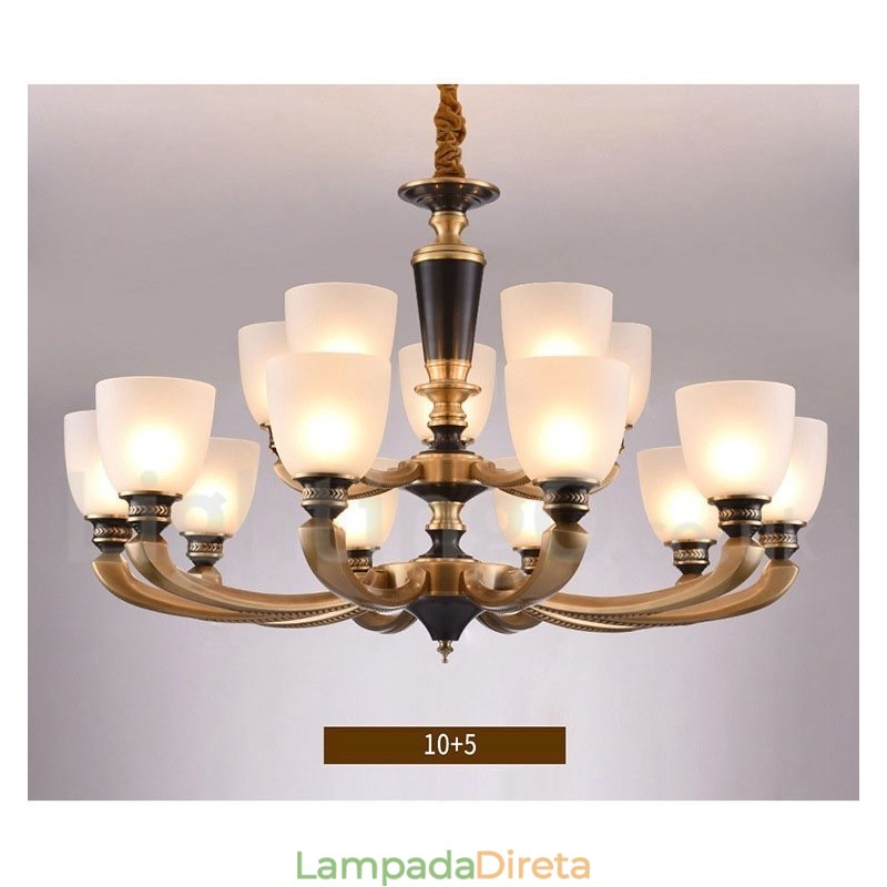 Pure Brass Luxuoso Rústico Retro Vintage Latão Pingente Vela Lustre com Tons de Vidro