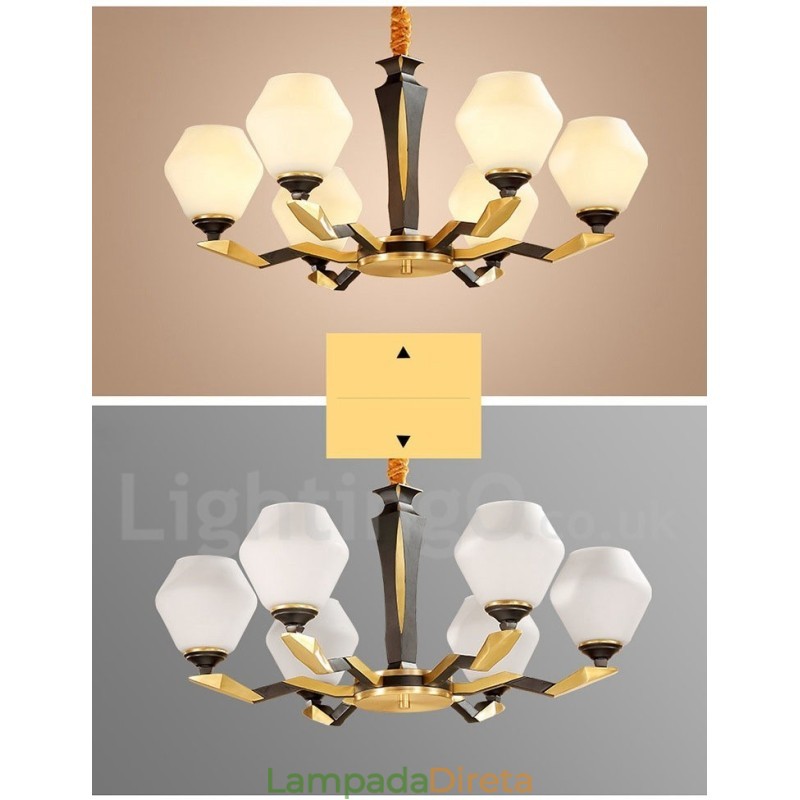 Pure Brass Luxuoso Rústico Retro Vintage Latão Pingente Vela Lustre com Tons de Vidro