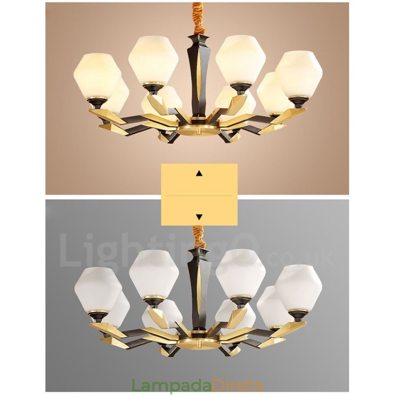 Pure Brass Luxuoso Rústico Retro Vintage Latão Pingente Vela Lustre com Tons de Vidro