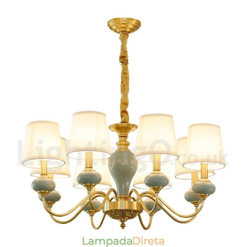 Pure Brass Luxuoso Rústico Retro Vintage Latão Cerâmica Pingente Vela Lustre com Tecido Tons