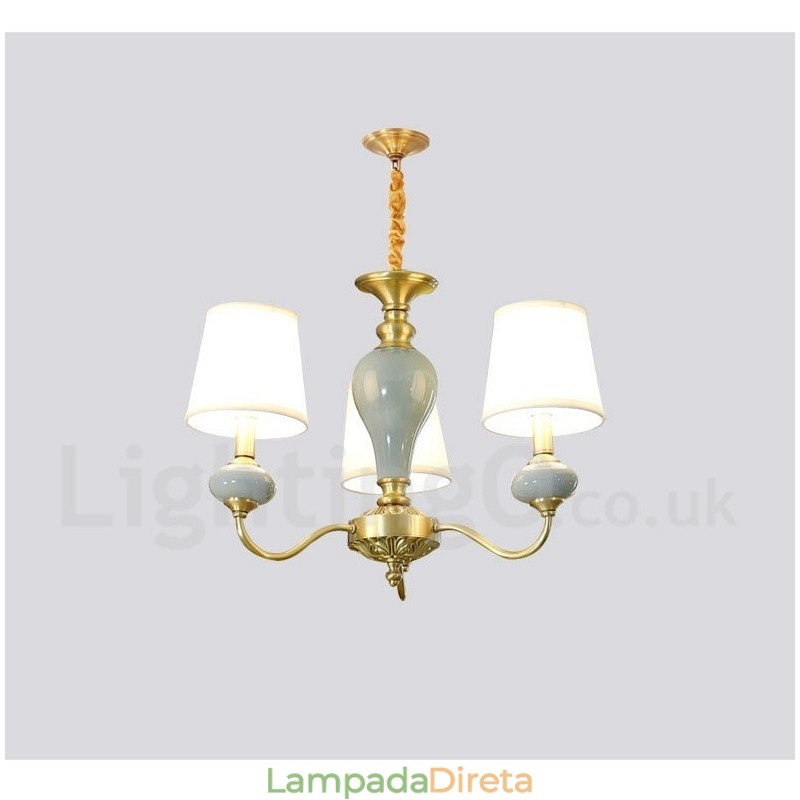 Pure Brass Luxuoso Rústico Retro Vintage Latão Cerâmica Pingente Vela Lustre com Tecido Tons