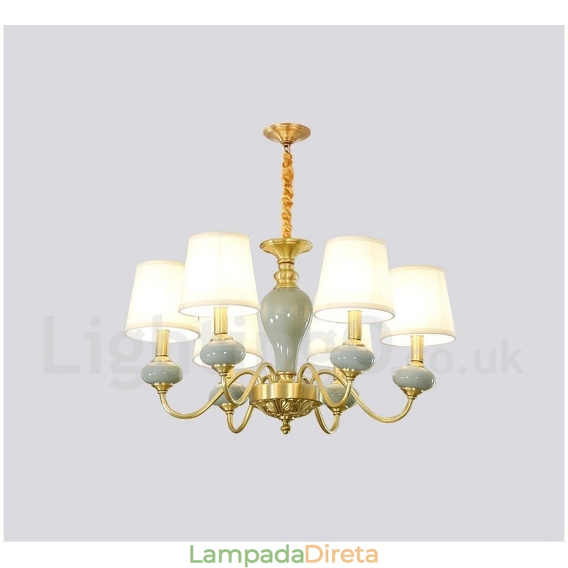 Pure Brass Luxuoso Rústico Retro Vintage Latão Cerâmica Pingente Vela Lustre com Tecido Tons