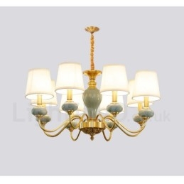 Pure Brass Luxuoso Rústico Retro Vintage Latão Cerâmica Pingente Vela Lustre com Tecido Tons