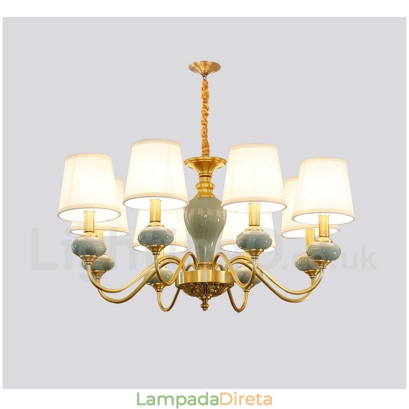 Pure Brass Luxuoso Rústico Retro Vintage Latão Cerâmica Pingente Vela Lustre com Tecido Tons