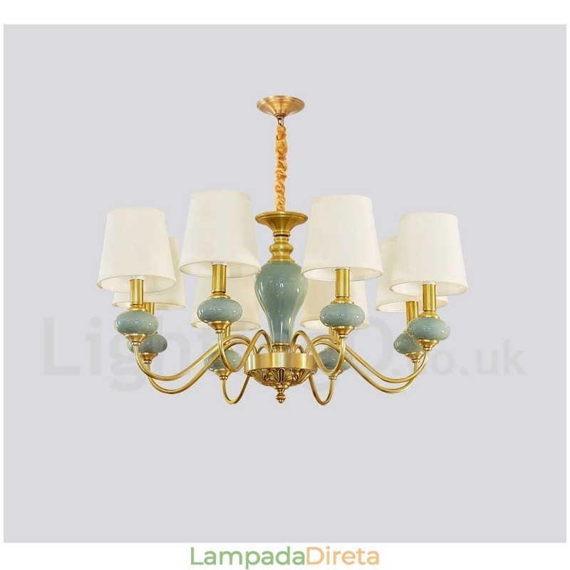 Pure Brass Luxuoso Rústico Retro Vintage Latão Cerâmica Pingente Vela Lustre com Tecido Tons