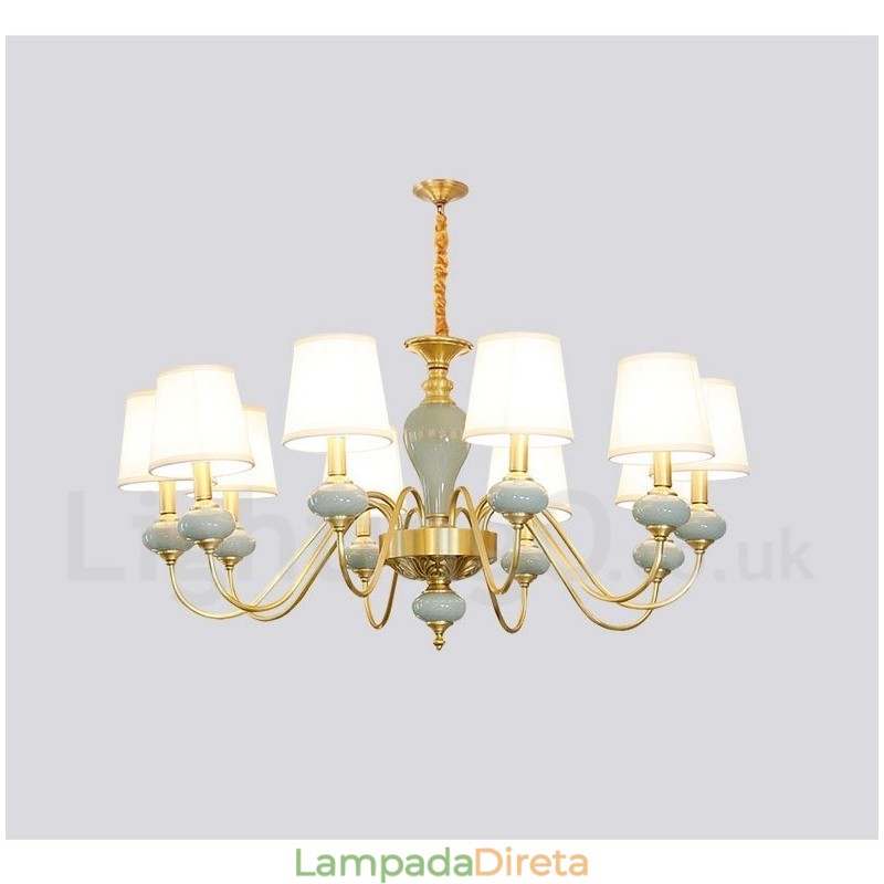 Pure Brass Luxuoso Rústico Retro Vintage Latão Cerâmica Pingente Vela Lustre com Tecido Tons