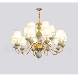 Pure Brass Luxuoso Rústico Retro Vintage Latão Cerâmica Pingente Vela Lustre com Tecido Tons