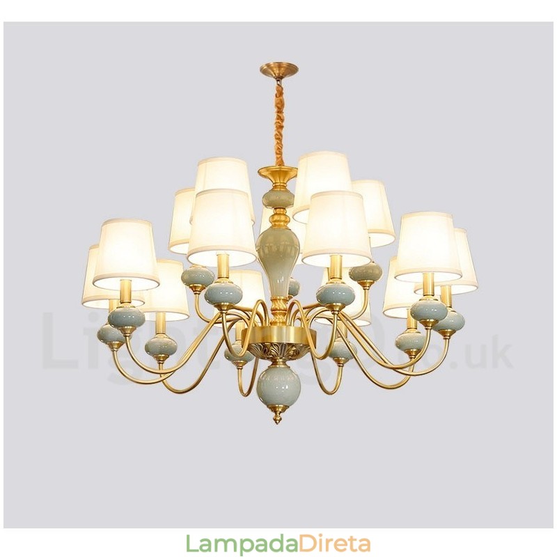 Pure Brass Luxuoso Rústico Retro Vintage Latão Cerâmica Pingente Vela Lustre com Tecido Tons