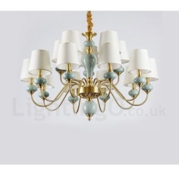 Pure Brass Luxuoso Rústico Retro Vintage Latão Cerâmica Pingente Vela Lustre com Tecido Tons