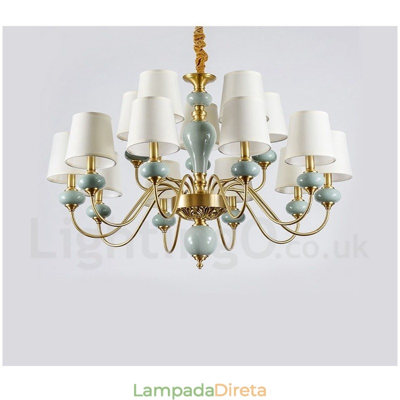 Pure Brass Luxuoso Rústico Retro Vintage Latão Cerâmica Pingente Vela Lustre com Tecido Tons