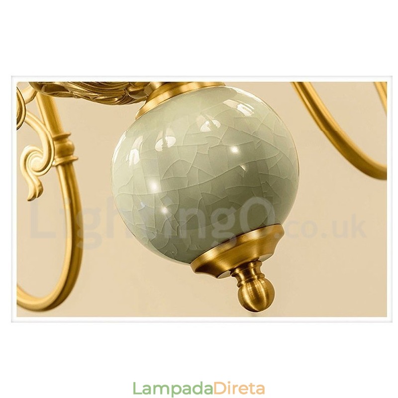 Pure Brass Luxuoso Rústico Retro Vintage Latão Cerâmica Pingente Vela Lustre com Tecido Tons