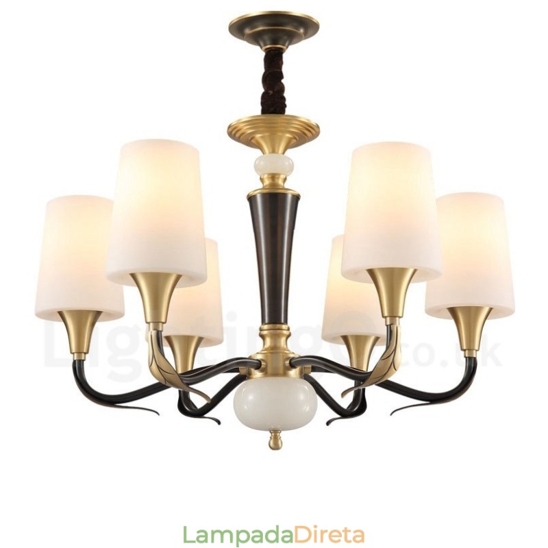 Pure Brass Luxuoso Rústico Retro Vintage Latão Pedra Pingente Vela Lustre com Tons de Vidro