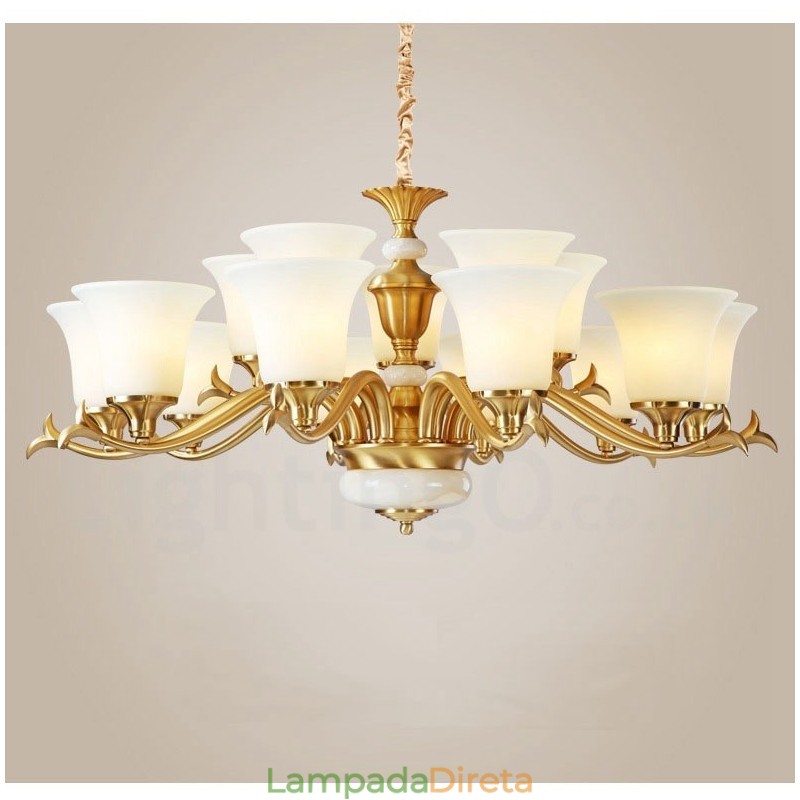Pure Brass Luxuoso Rústico Retro Vintage Latão Pedra Pingente Vela Lustre com Tons de Vidro