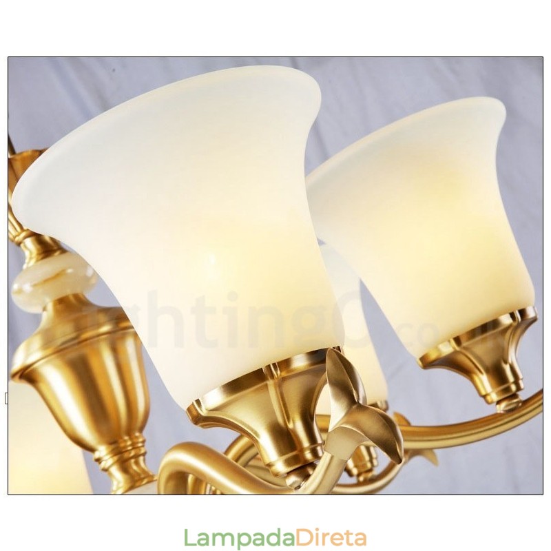 Pure Brass Luxuoso Rústico Retro Vintage Latão Pedra Pingente Vela Lustre com Tons de Vidro