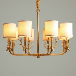 Pure Brass Luxuoso Rústico Retro Vintage Latão Pingente Vela Lustre com Tecido Tons