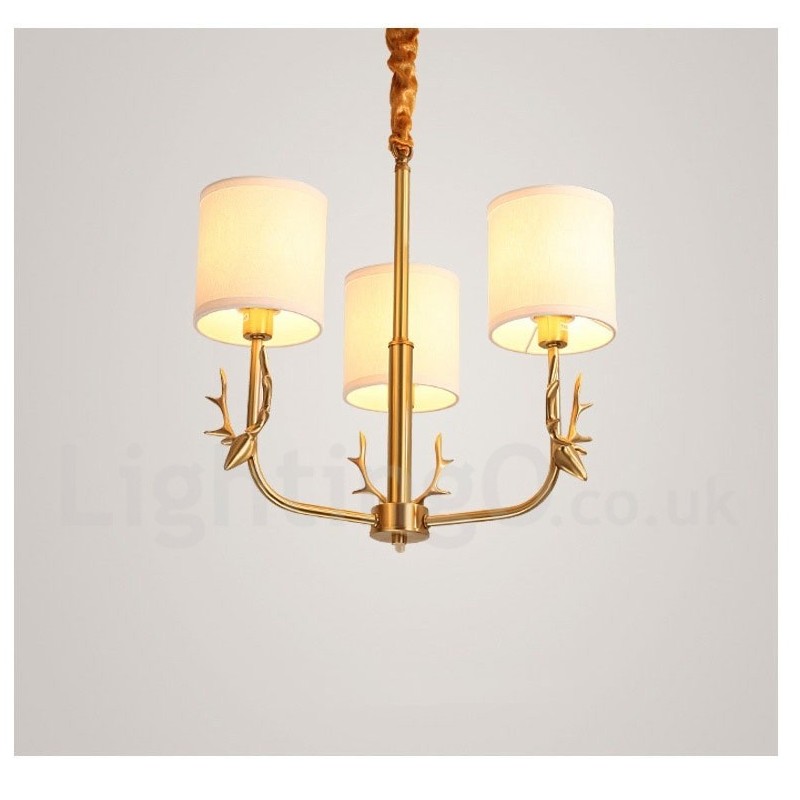 Pure Brass Luxuoso Rústico Retro Vintage Latão Pingente Vela Lustre com Tecido Tons