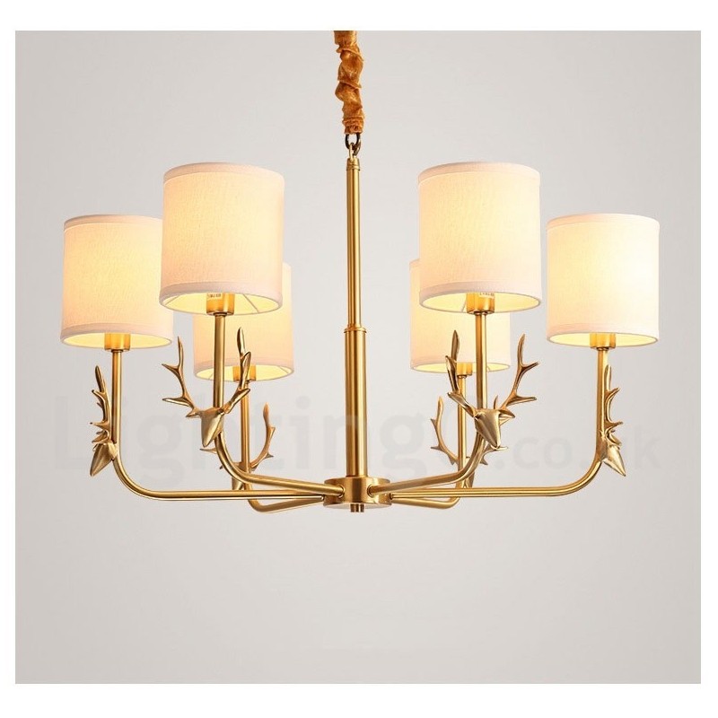 Pure Brass Luxuoso Rústico Retro Vintage Latão Pingente Vela Lustre com Tecido Tons