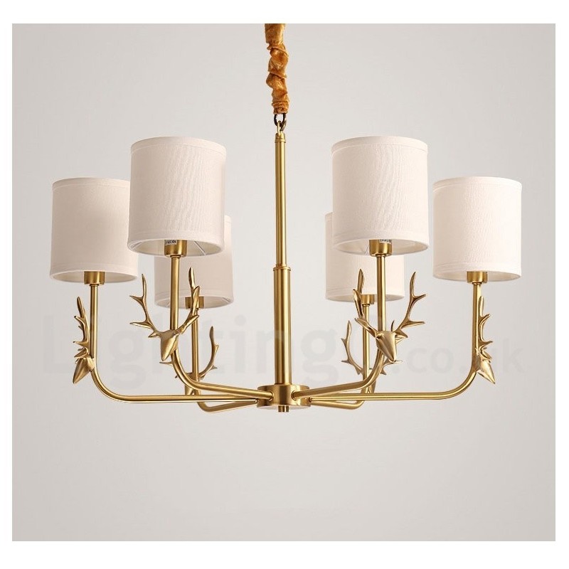 Pure Brass Luxuoso Rústico Retro Vintage Latão Pingente Vela Lustre com Tecido Tons