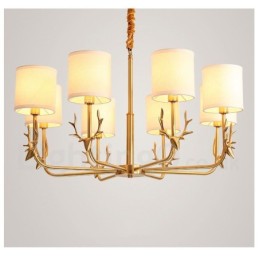 Pure Brass Luxuoso Rústico Retro Vintage Latão Pingente Vela Lustre com Tecido Tons