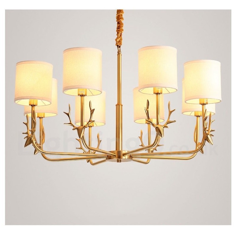 Pure Brass Luxuoso Rústico Retro Vintage Latão Pingente Vela Lustre com Tecido Tons